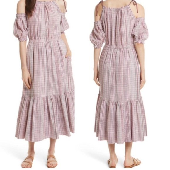 La Vie Rebecca Taylor Lurex Metallic Plaid Cold Shoulder Midi Dress S Pink - Picture 3 of 5